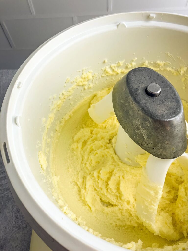 Butter and sugar creamed together in a stand mixer.