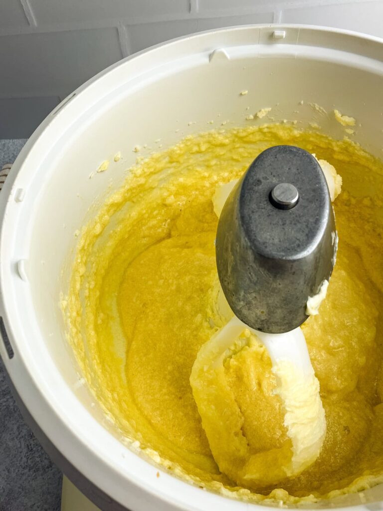Butter, sugar, eggs, and vanilla all mixed together.