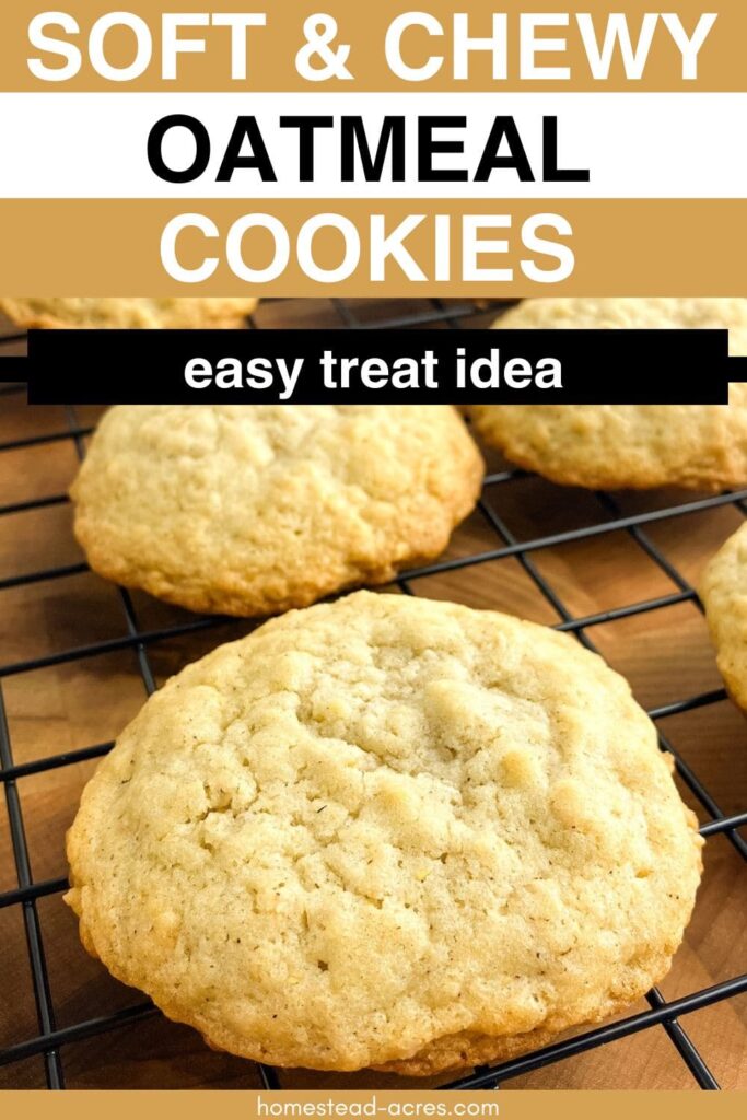 Oatmeal cookies on a cooling rack. Text overlay says Soft And Chewy Oatmeal Cookies Easy Treat Idea.