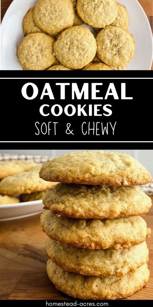 Collage image of a plate of cookies and a stack of cookies. Text overlay says Oatmeal Cookies Soft And Chewy.