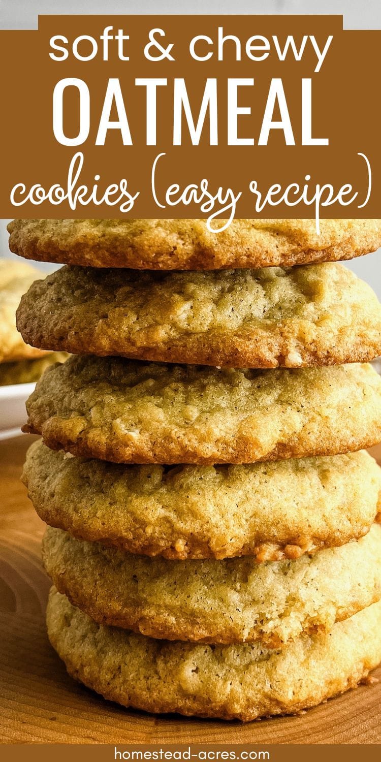 Stack of homemade oatmeal cookies. Text overlay says Soft And Chewy Oatmeal Cookies Easy Recipe.
