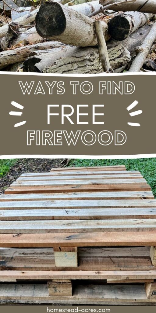 Collage image top is a pile of logs, bottom is a pile of pallets. Text overlay says Ways To Find Free Firewood.