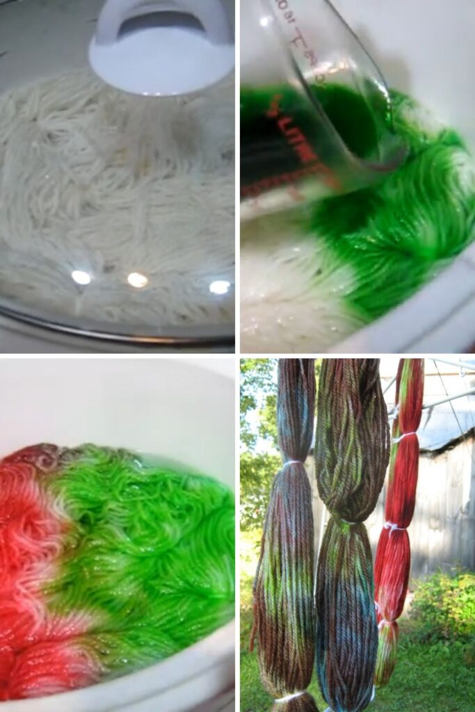 Collage image showing white yarn in a slow cooker, adding green dye, yarn sitting in green and red Kool-Aid and hanging to dry on a clothesline.
