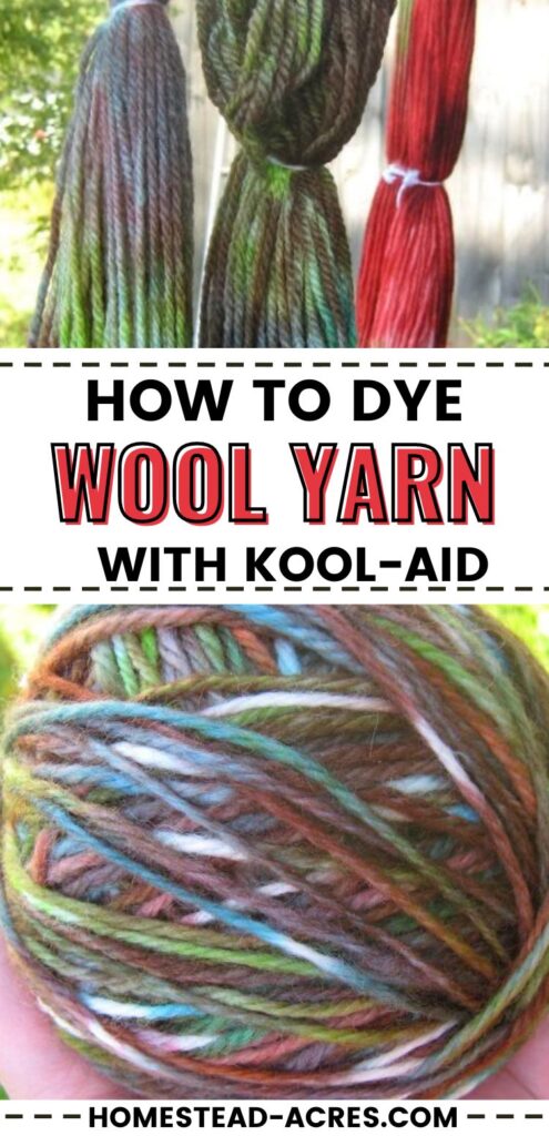 Collage image, top dyed yarn drying on a clothesline, bottom a ball of DIY dyed yarn.