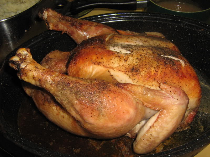 A roasted turkey in a black roasting pan.