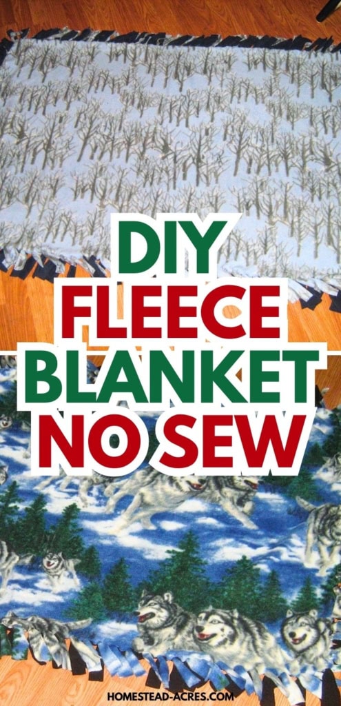 Collage image showing two finished no sew fleece blankets with tied fringe including a pale winter tree print and a blue snowy wolf print. Text reads "DIY FLEECE BLANKET NO SEW".