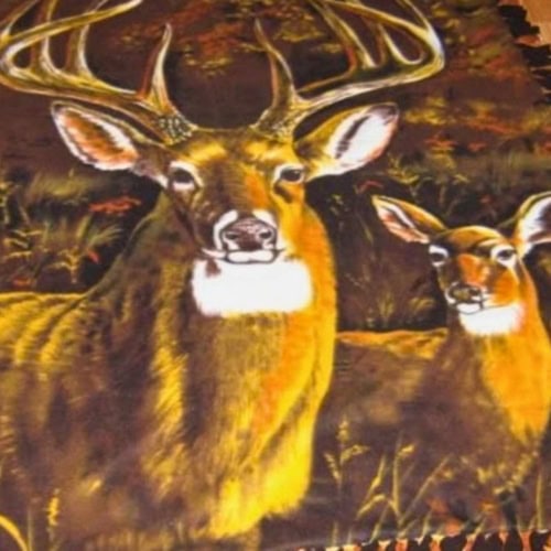 Finished no sew fleece blanket made with deer print fabric showing a large buck and a doe in a wooded scene. The blanket has knotted fringe around the edges created by tying strips of fleece together.