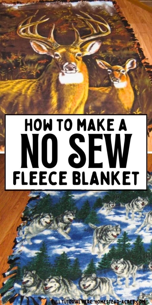 Collage image showing two finished fleece blankets with wildlife prints including a deer scene and wolves in a snowy forest. Text reads "HOW TO MAKE A NO SEW FLEECE BLANKET".