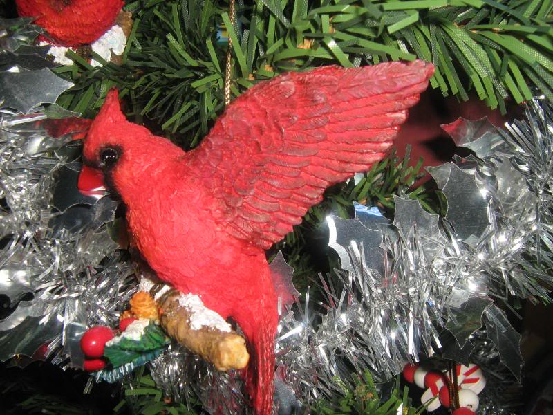 A cardinal ornament hanging on the Christmas tree.