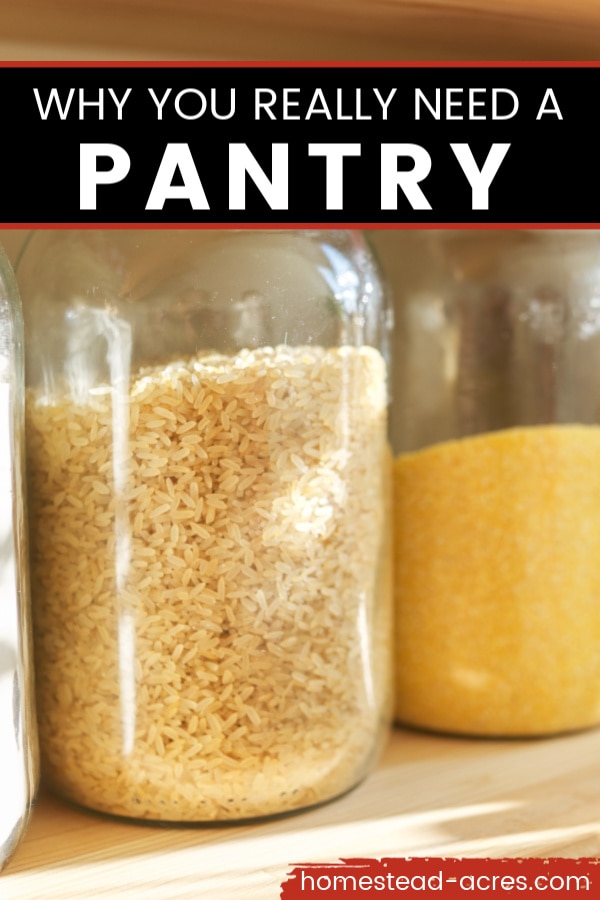 Why you really need a pantry text overlaid on a photo of jars holding rice and flour on a shelf