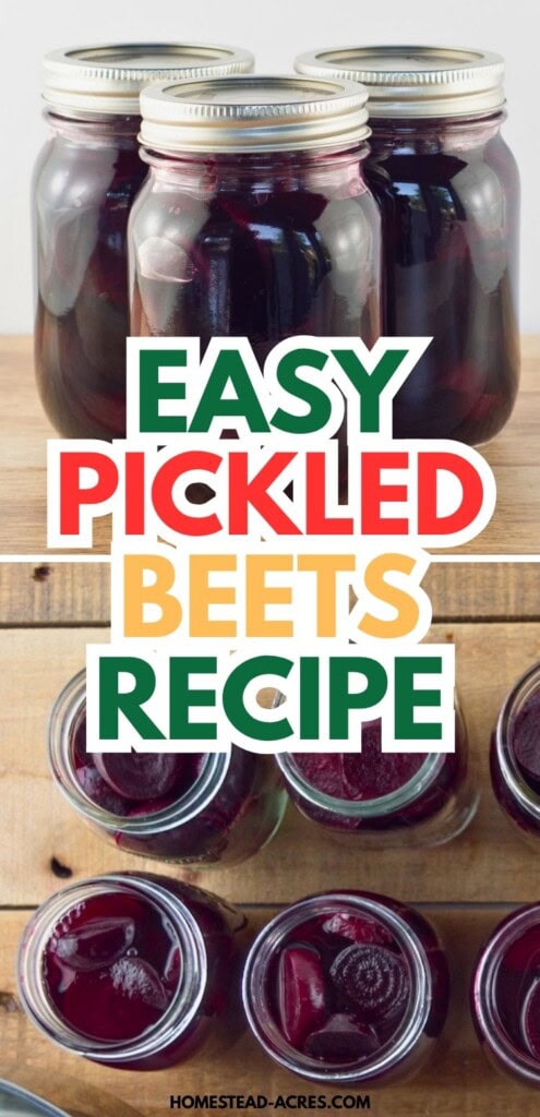 Jars of easy pickled beets filled with deep red beet slices and brine on a wooden surface. Text reads "Easy pickled beets recipe".