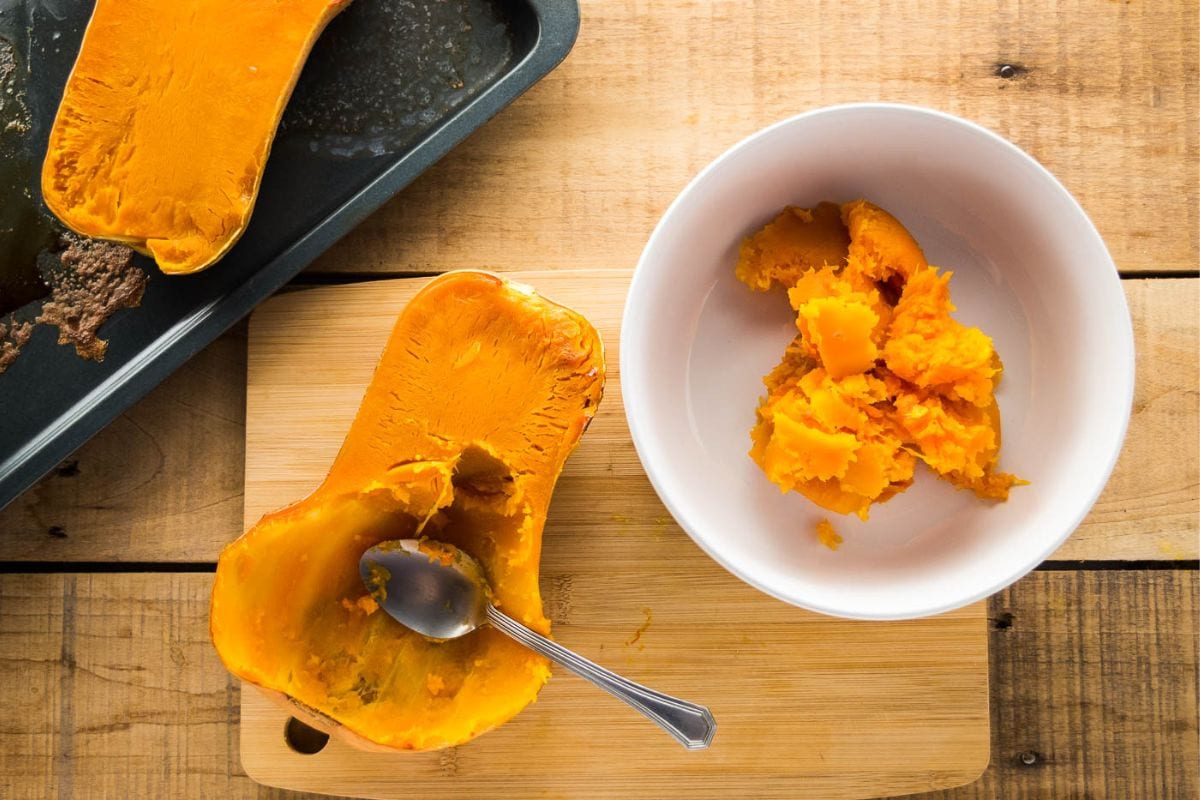 Butternut squash flesh in a food processor.