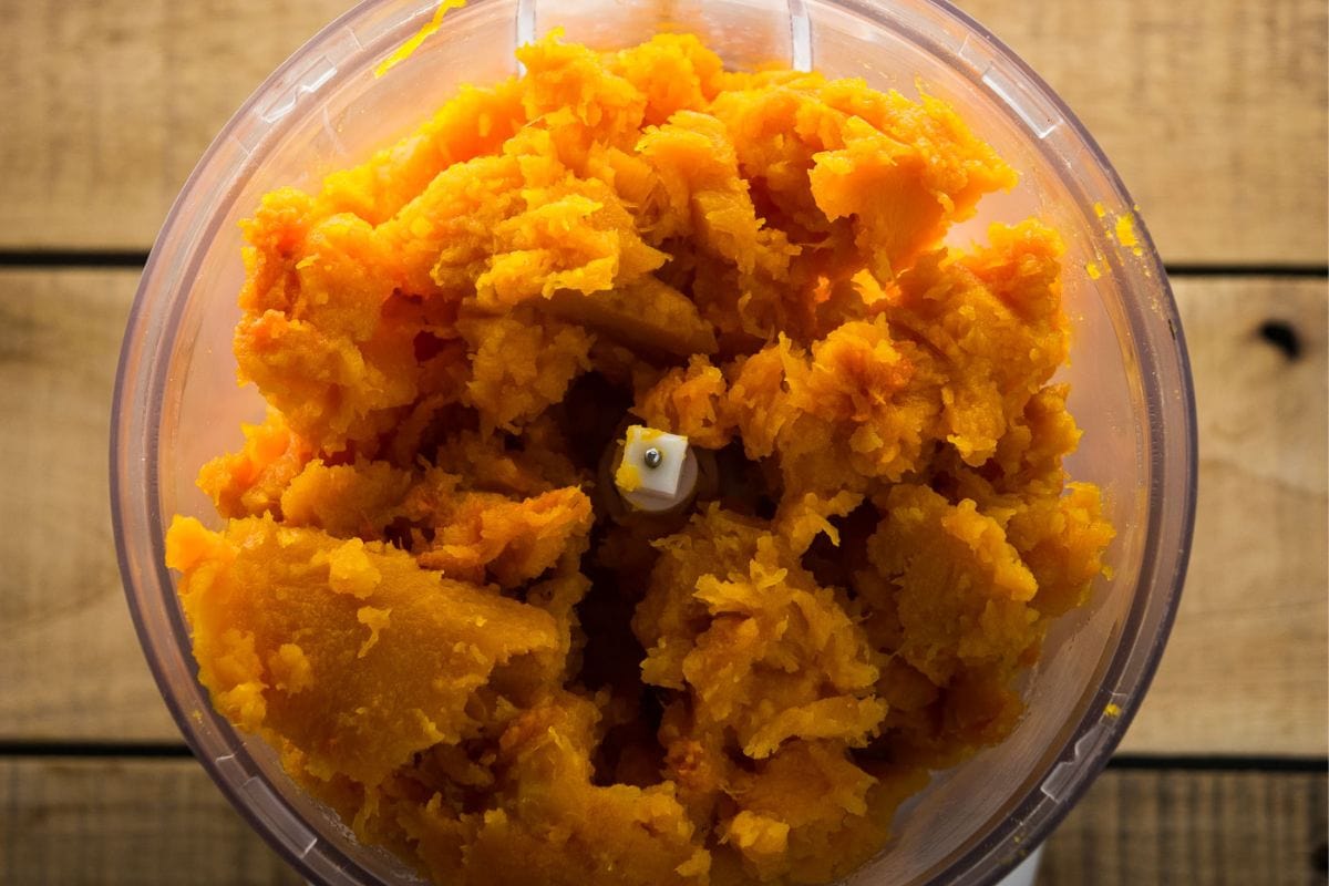 Butternut squash flesh in a food processor.