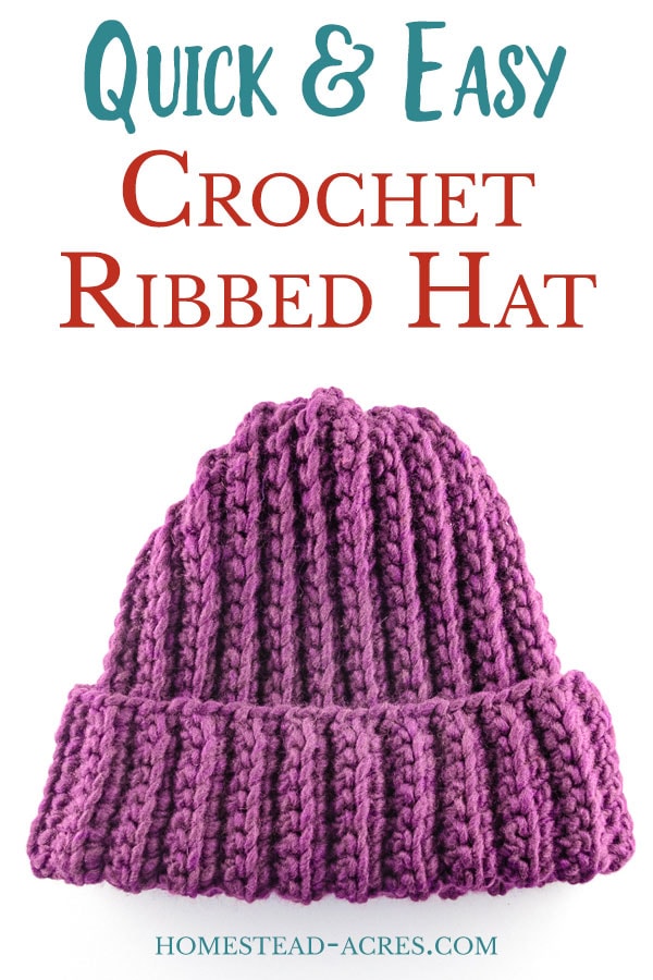 Bulky purple hat on a white background. Text overlay says Quick & Easy Crochet Ribbed Hat.