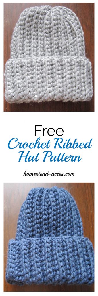 Collage image top is a bulky gray crochet hat and the bottom a bulky blue hat. Text overlay says Free Crochet Ribbed Hat Pattern.