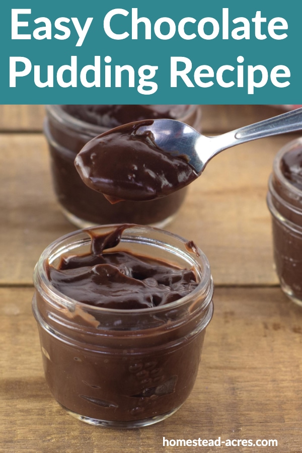 Homemade chocolate pudding in 3 mason jars on a wooden table. A spoon of chocolate pudding is held over the jar. Image has a text over lay of Easy Chocolate Pudding Recipe