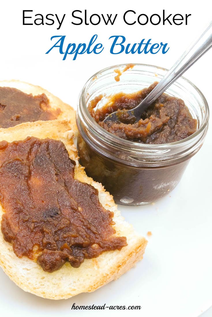 This slow cooker apple butter recipe is just so easy to make! Delicious with bread, muffins, pancakes and a wonderful gift to share! | www.homestead-acres.com