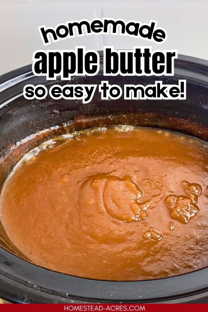 Thick smooth apple butter cooking in a black slow cooker with a glossy surface showing its finished consistency. Text reads "homemade apple butter so easy to make!".