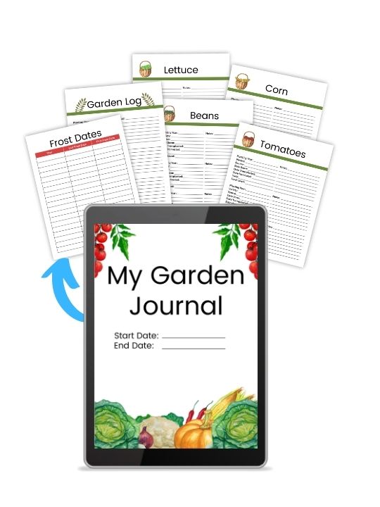 Sample pages and forms from a printable garden journal. My Garden Journal cover shown on a tablet with sample pages printed next to it.
