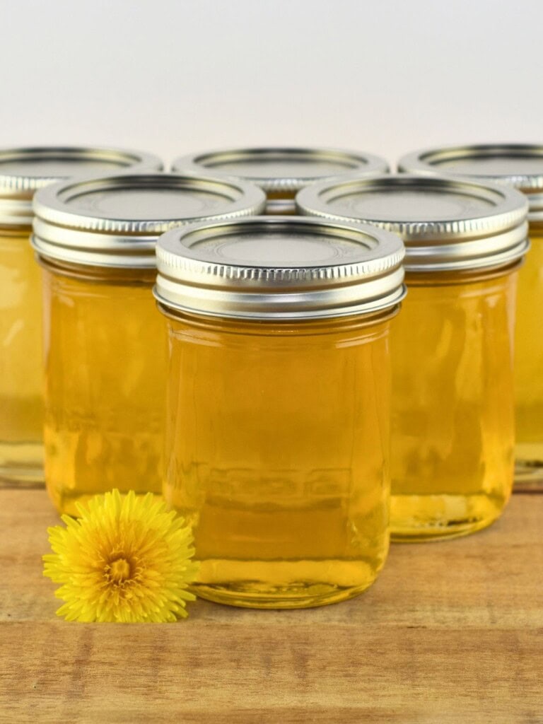 Six jars of dandelion jelly sitting on a wooden table next to a fresh dandelion flower.