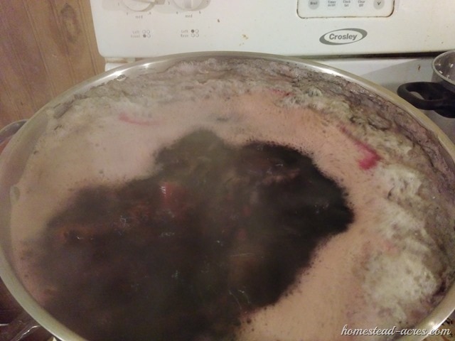 Boiling beets for canning in a large stock pot on the stove.