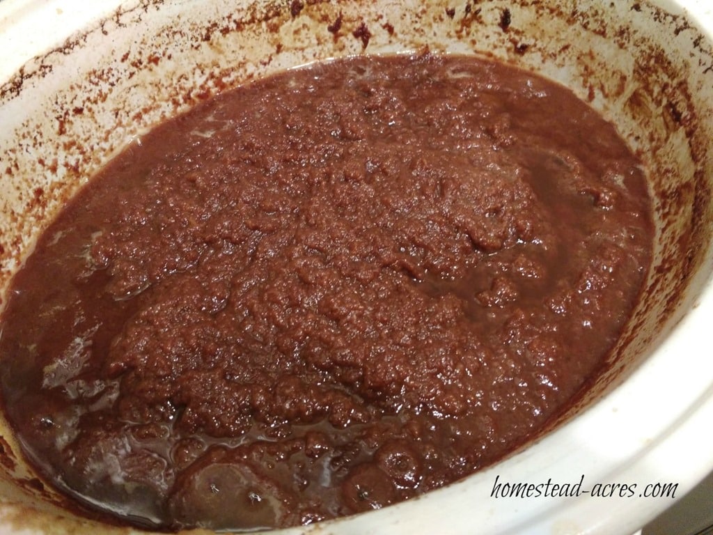 Pear butter cooked down in the slow cooker.