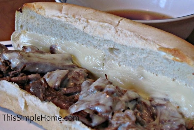 French dip slow cooker recipe served on a bun.