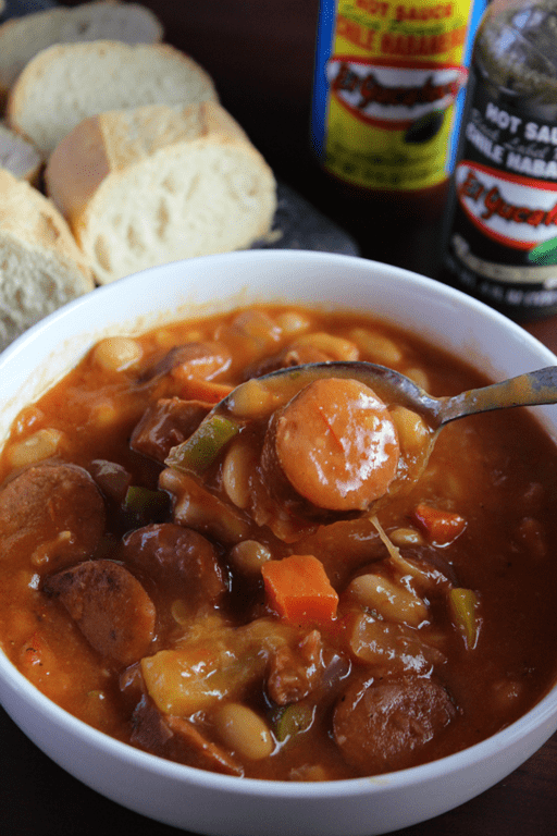 Sausage and bean stew-with-El-Yucateco.