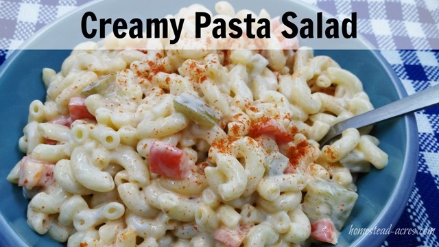 Creamy Pasta Salad Recipe | www.homestead-acres.com This is my families favourite pasta salad! It is so easy to make up a head of time or at the last minute. A great addition to your BBQ or potluck. Need a full meal? Just add some diced chicken breast, perfect for a cold supper on a hot summer night.