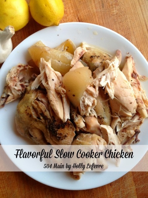 Slow cooker chicken on a plate.