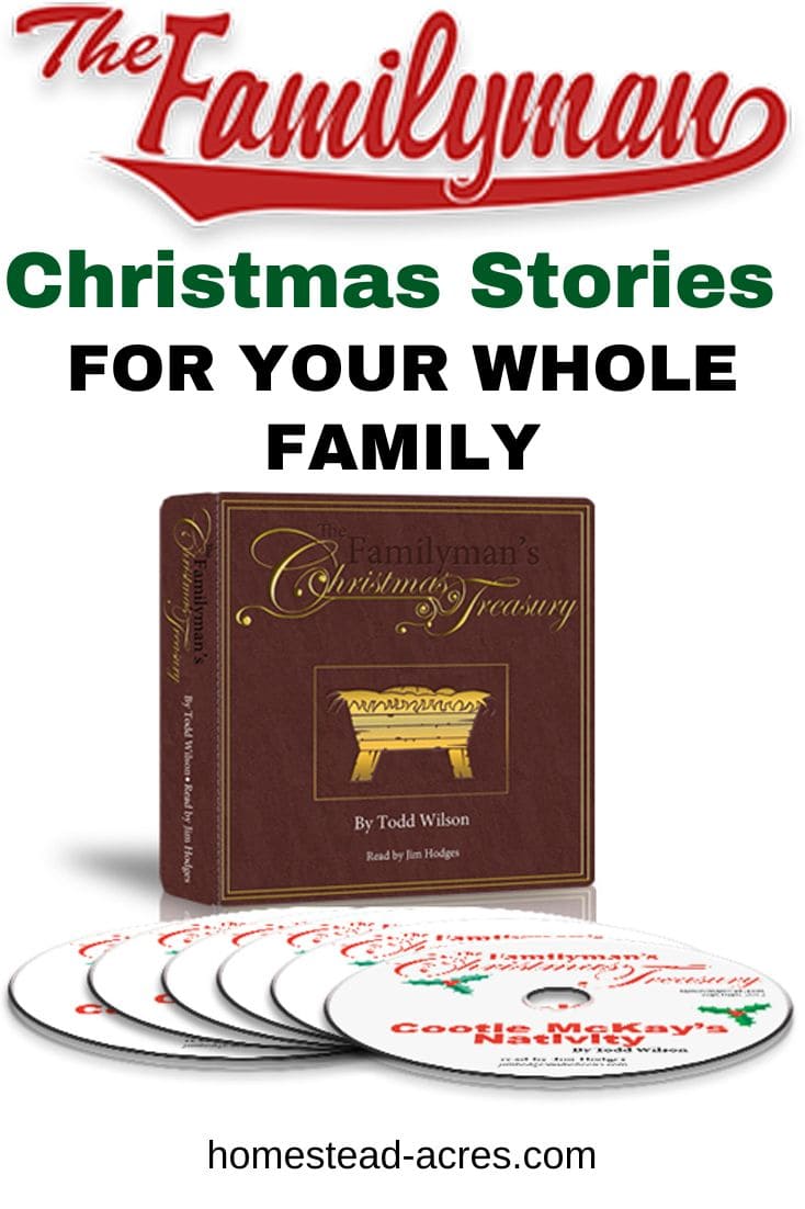 Boxed set and CDs of the Christmas Treasury. Text overlay says The Familyman Christmas Stories for  Your Whole Family.