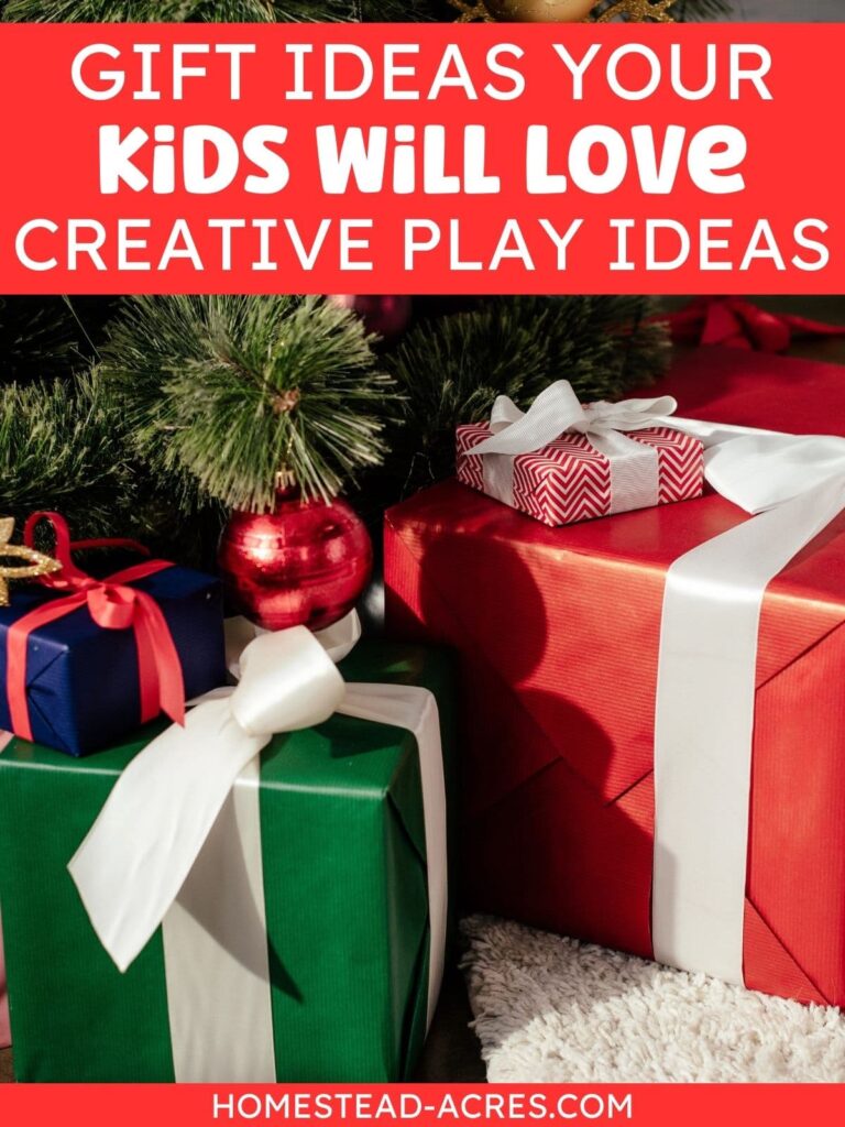 Red and green wrapped gifts under a Christmas tree. The text overlay says Gift Ideas Your Kids Will Love Creative Play Ideas.