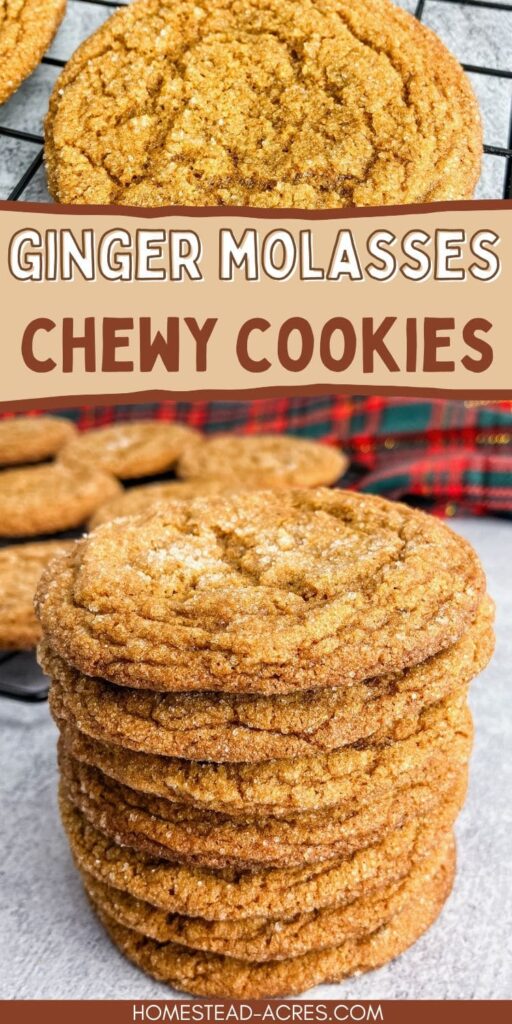 Collage image of a cookie on a cooling rack and a stack of cookies. Text overlay says Ginger Molasses Chewy Cookies.