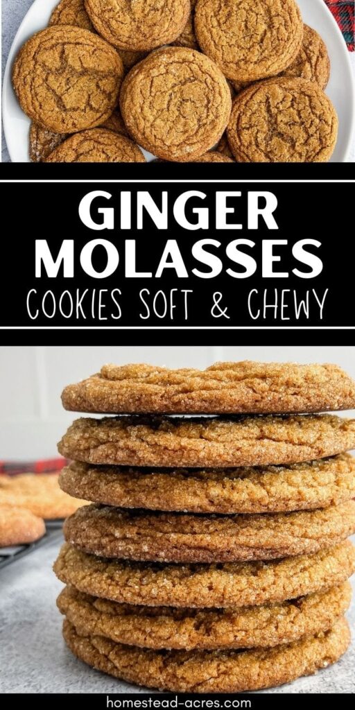 Collage of a plate of cookies and a stack of cookies. Text overlay says Ginger Molasses Cookies Soft And Chewy.