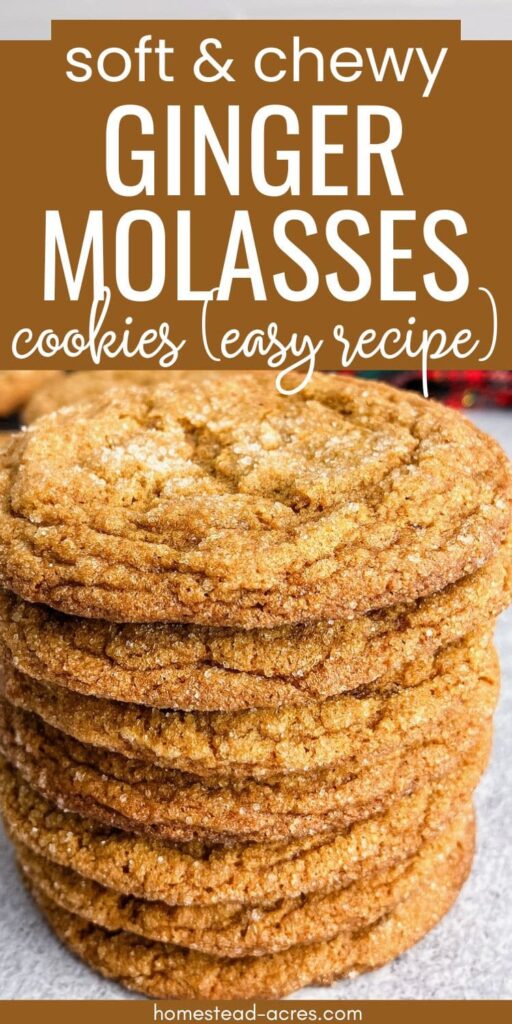 Stack of ginger molasses cookies. Text overlay says Soft & Chewy Ginger Molasses Cookies Easy Recipe.