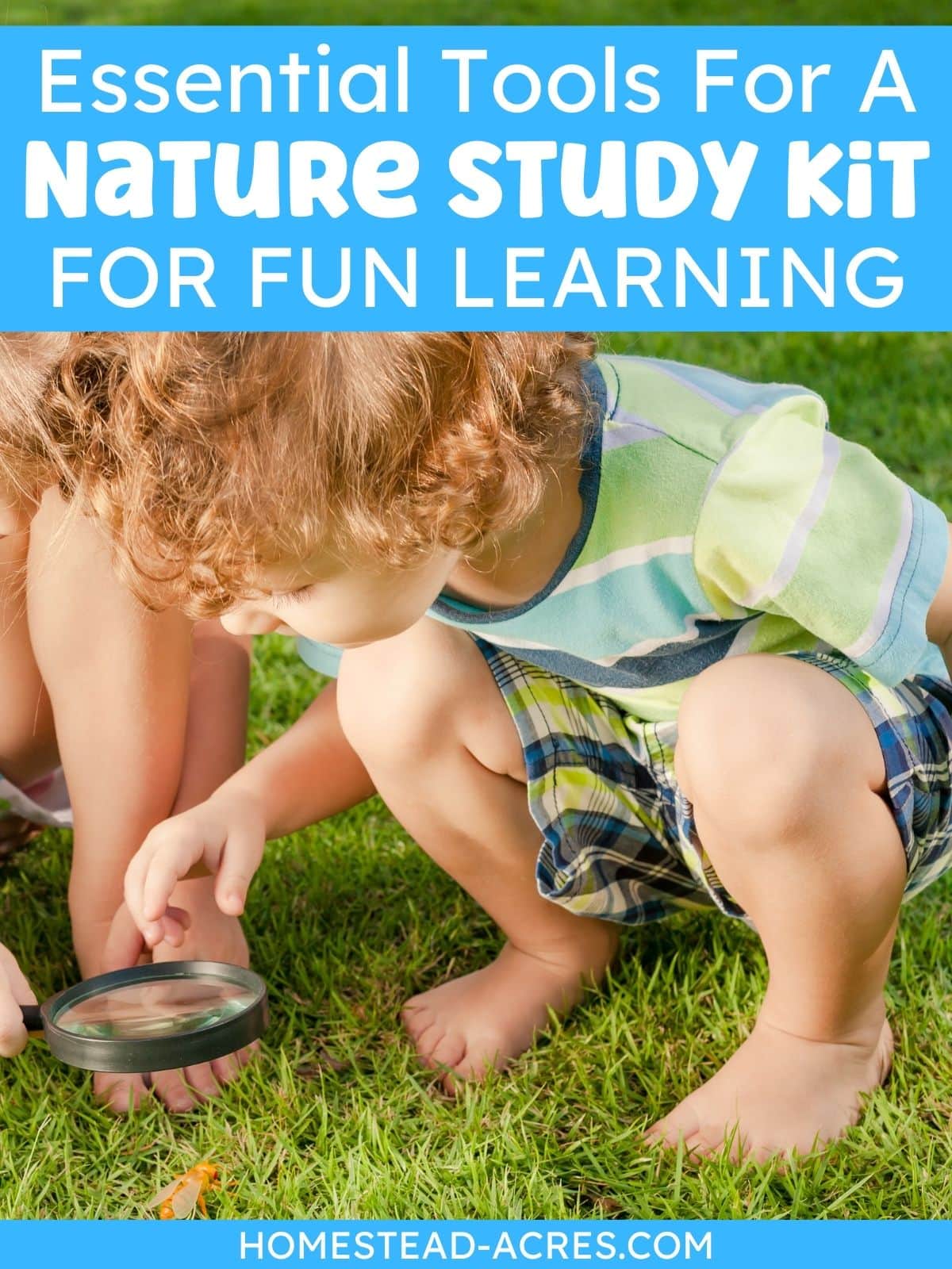Two kids are looking at the grass with a magnifying glass. The text overlay says Essential Tools For A Nature Study Kit For Fun Learning.