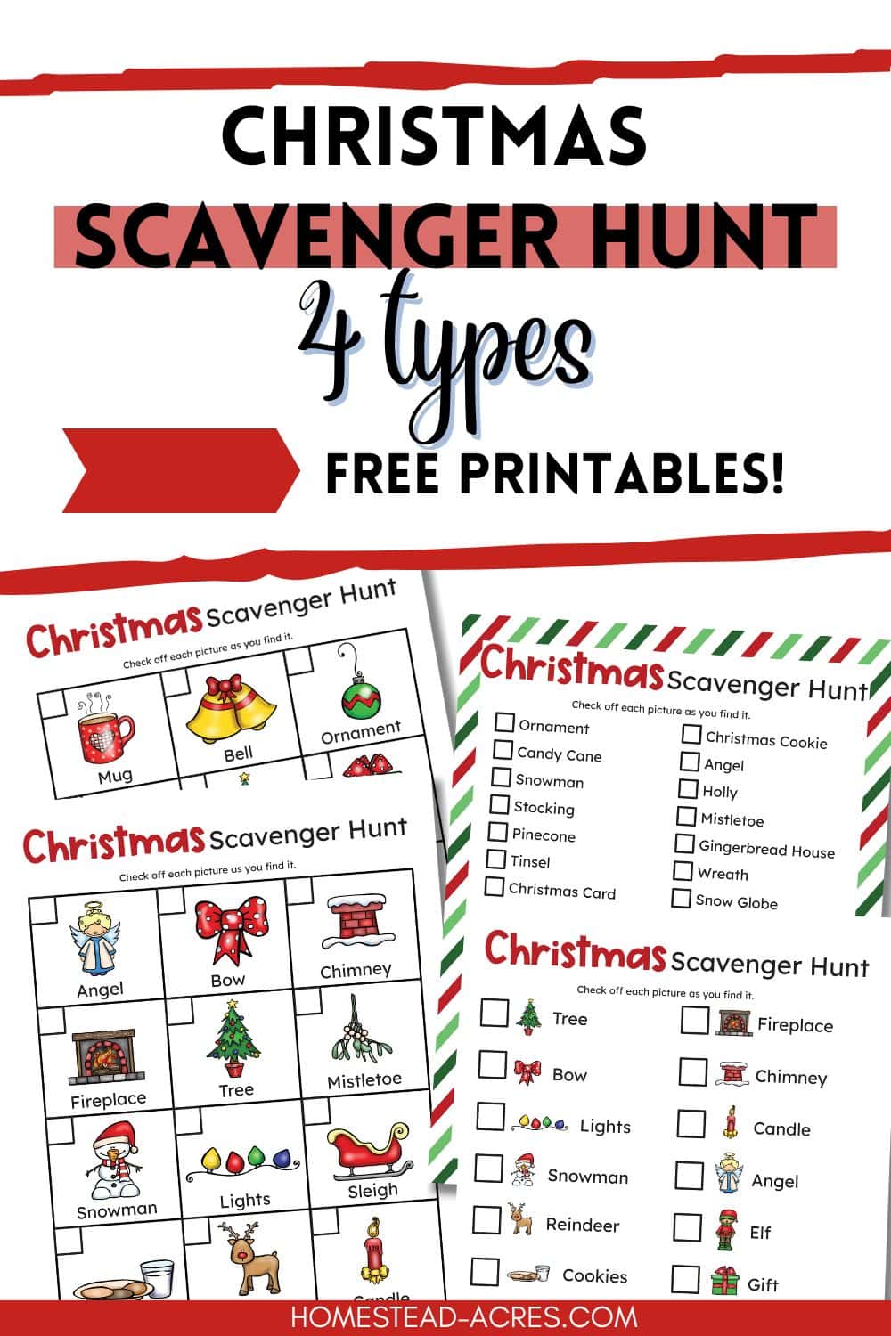 Sample of 4 Christmas scavenger hunts. Text overlay says Christmas Scavenger Hunt 4 Types Free Printables!