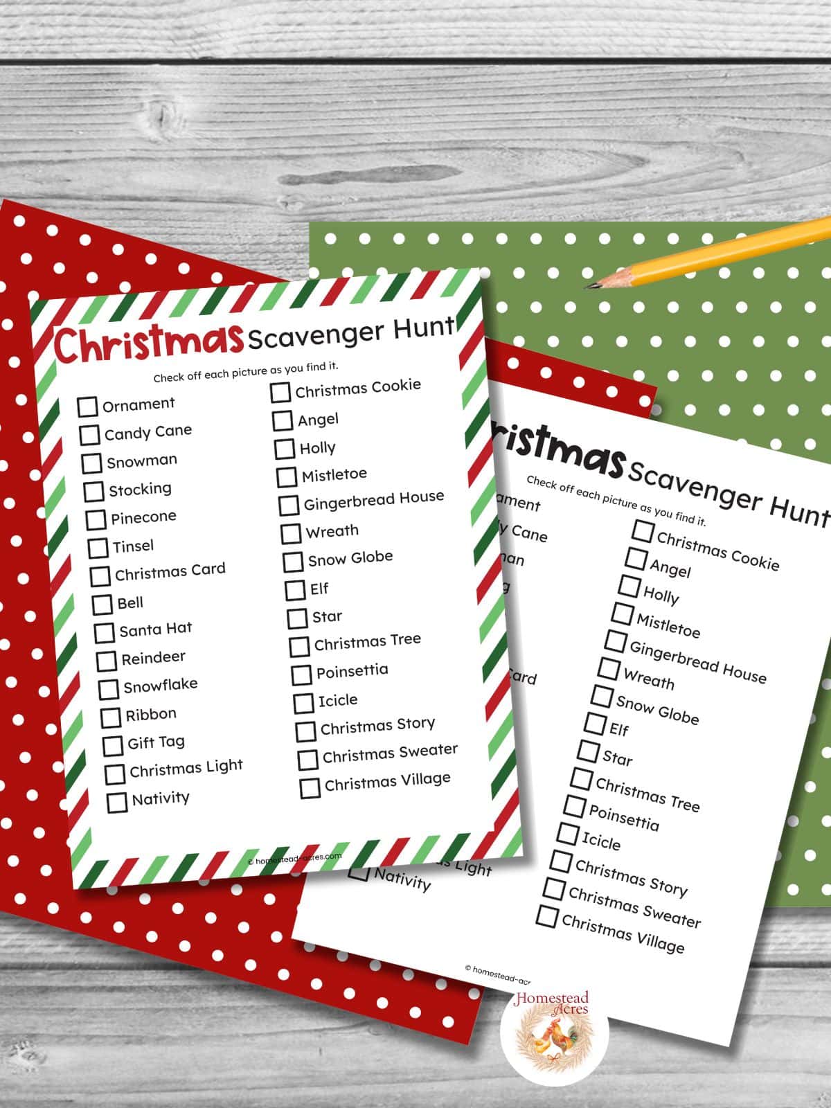 Printable Christmas scavenger hunt for teens sample image on a gray wooden table background.