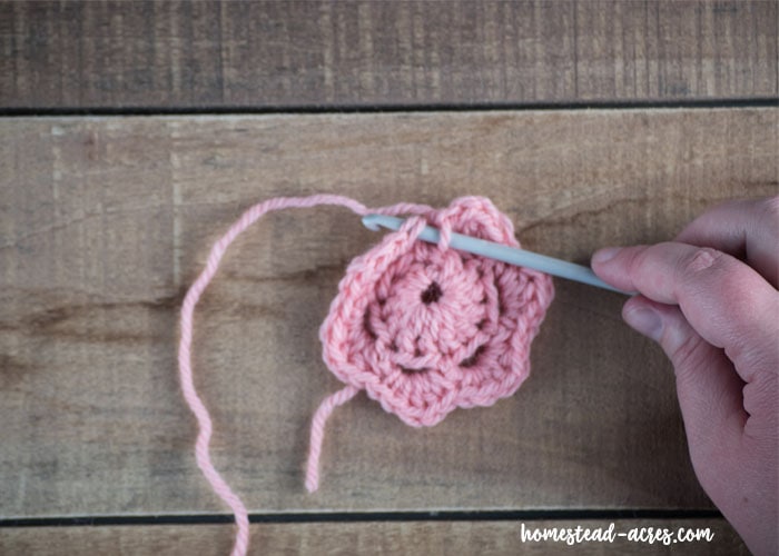 Joining the last crochet flower petal.