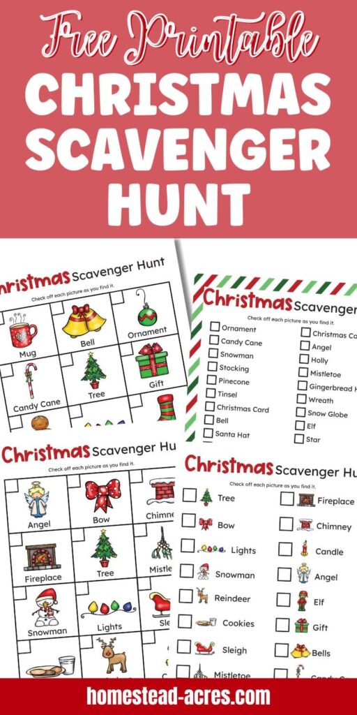A collage image of sample scavenger hunt pages. The text overlay says Free Printable Christmas Scavenger Hunt.