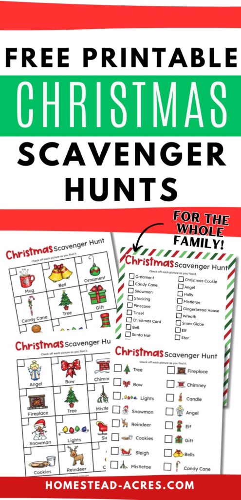 A collage of kids scavenger hunt pages. The text overlay says Free Printable Christmas Scavenger Hunts For The Whole Family.