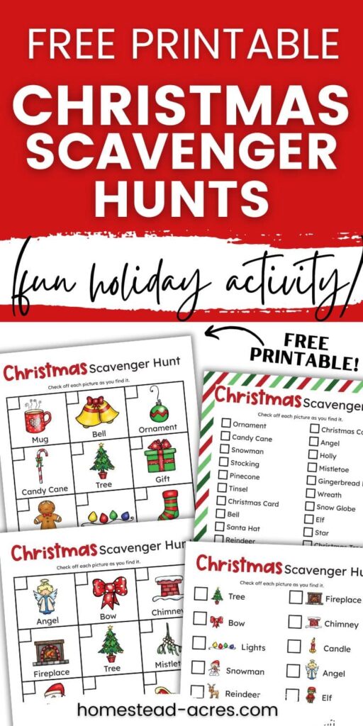 A collage of sample scavenger hunt pages for kids and teens. The text overlay says Free Printable Christmas Scavenger Hunts Fun Holiday Activity.