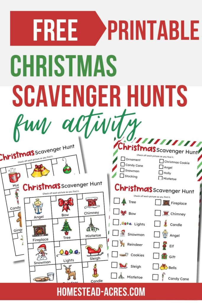 A collage image of Christmas themed scavenger hunt pages. The text overlay says Free Printable Christmas Scavenger Hunts Fun Activity.