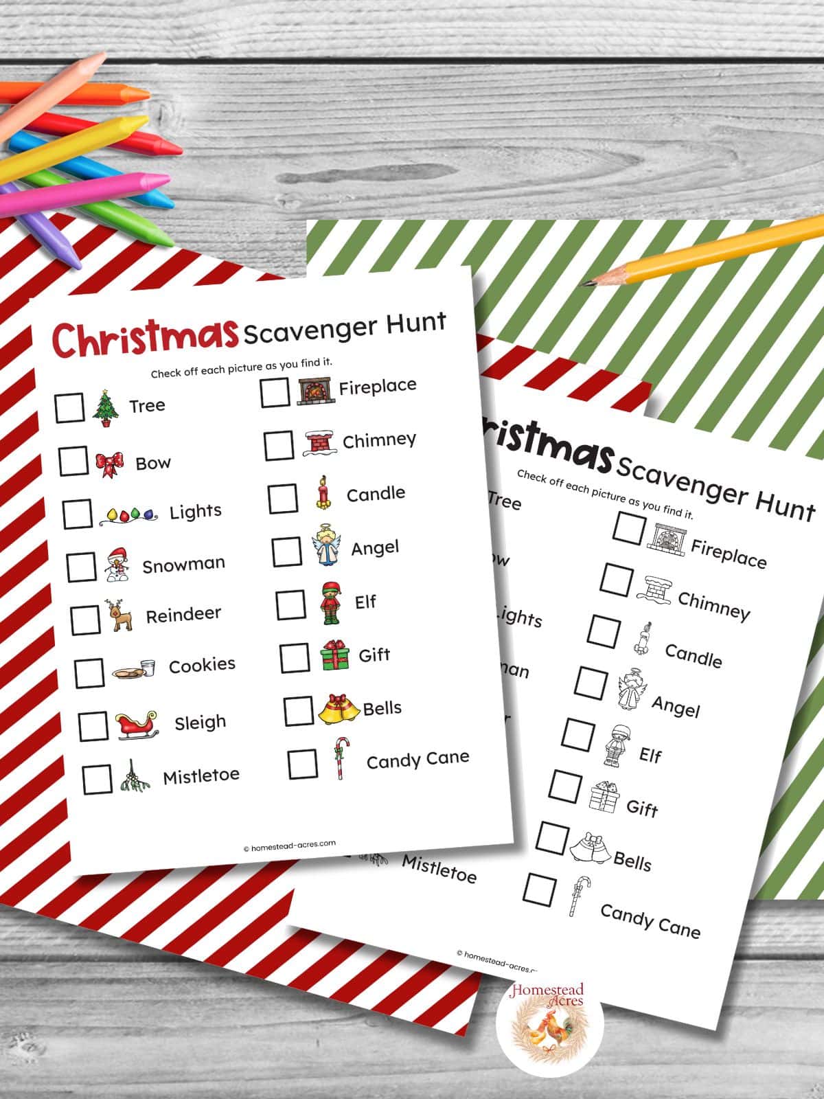 Printable Christmas scavenger hunt for older kids in a list style sample on a gray table background.