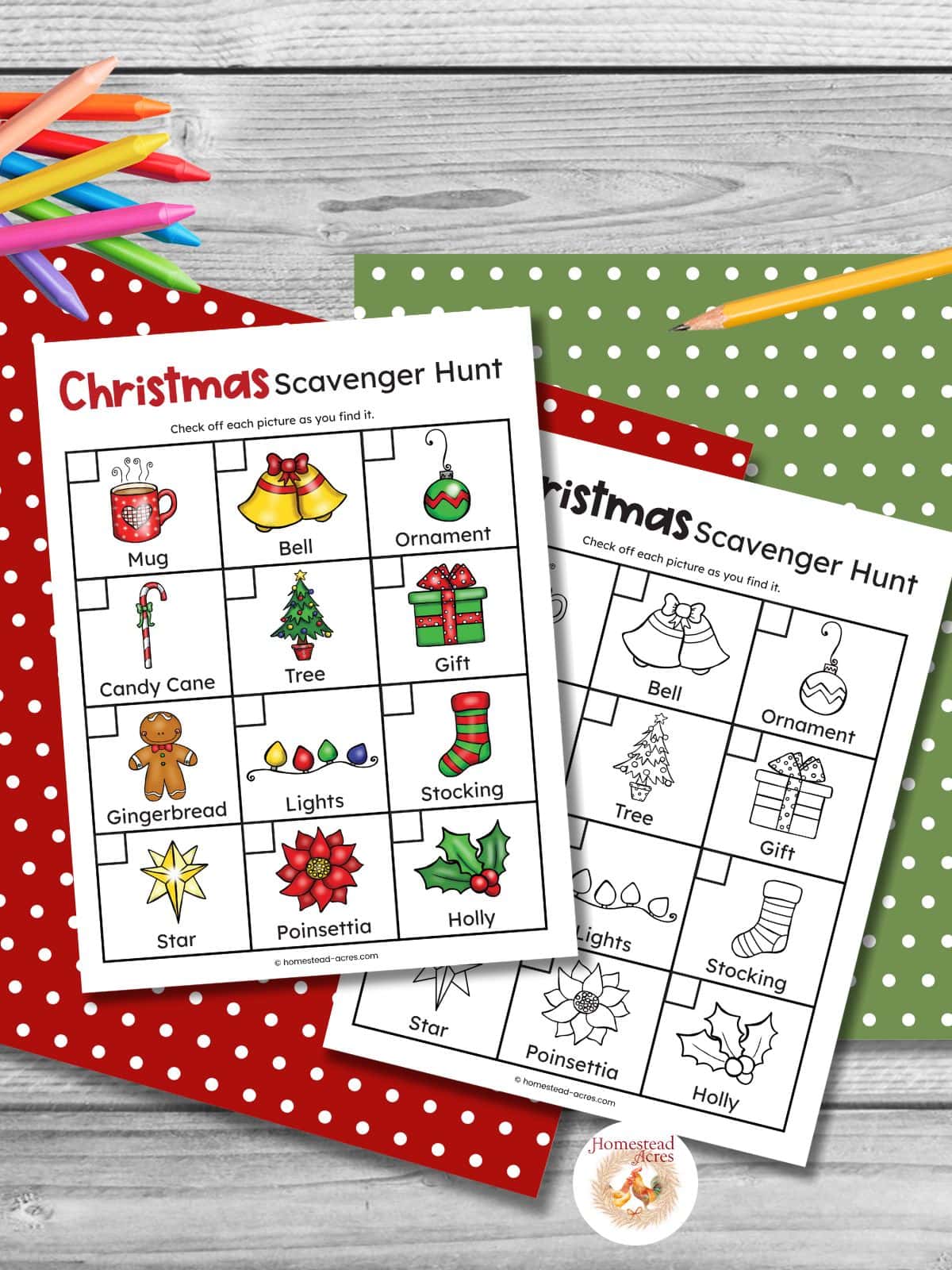 Sample image of printable Christmas scavenger hunts on a gray wooden table.