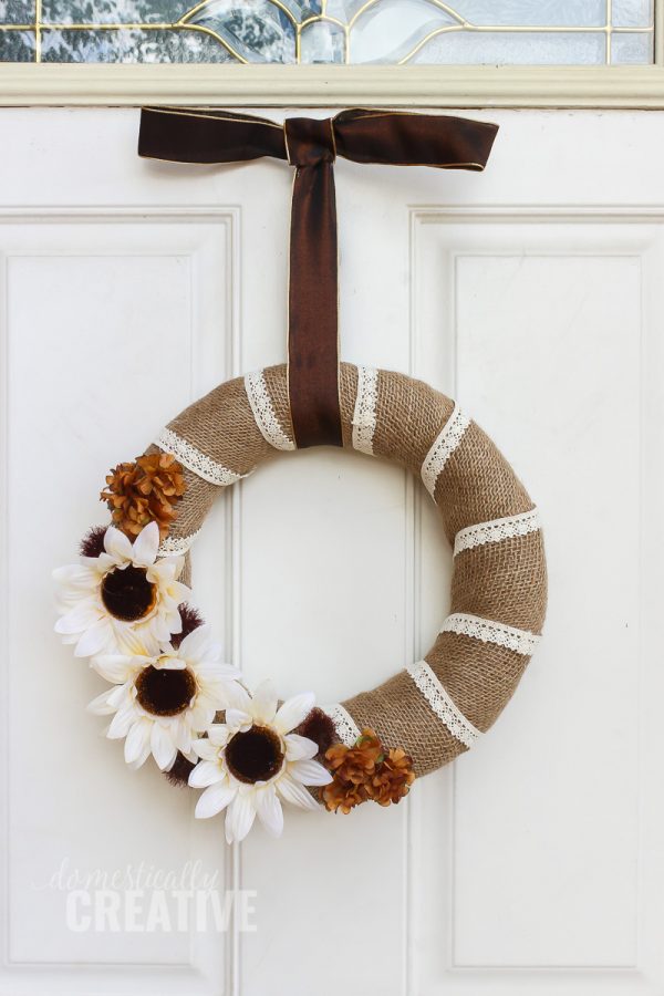 DIY burlap and lace fall wreath.