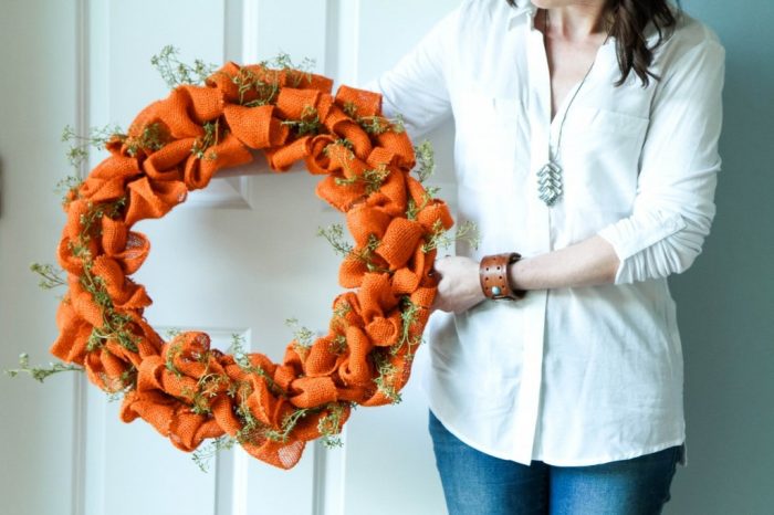 DIY Fall orange burlap wreath.