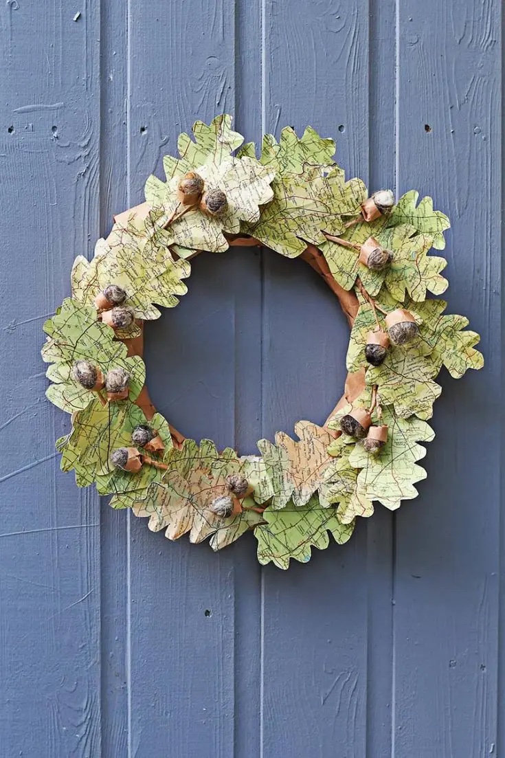 A wreath made by making fall leaves out of old maps.