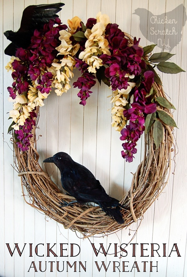 DIY wisteria fall wreath with crows.