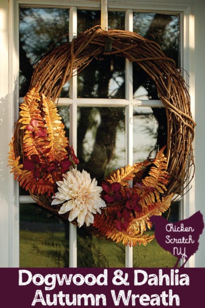 DIY dogwood and dahlia autumn wreath.